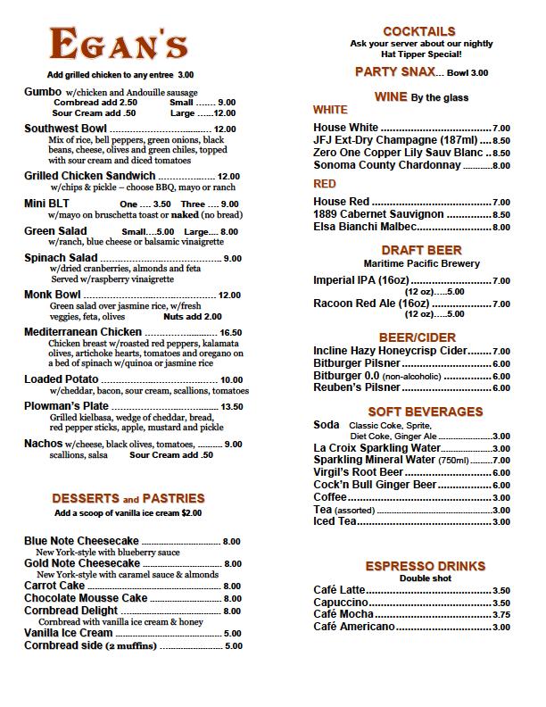 Egan's Menu